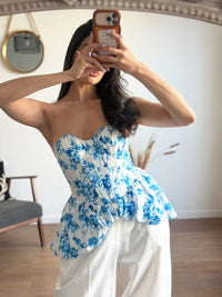 Corset Bustier Floral Bleu & Blanc Volants Peplum