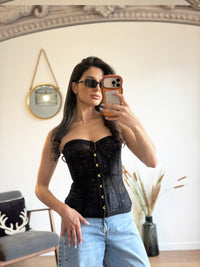 Corset Bustier Noir Dentelle & Crochets Dorés