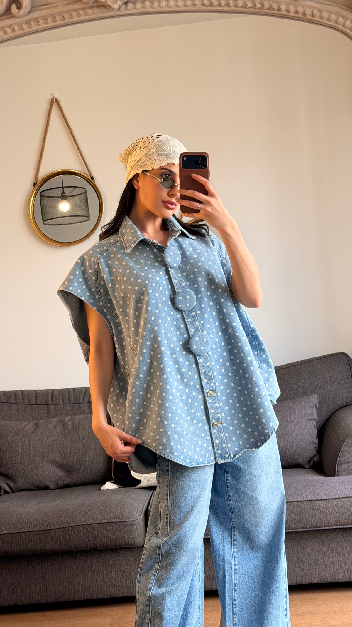 Veste oversize en denim à pois – Bleu ciel