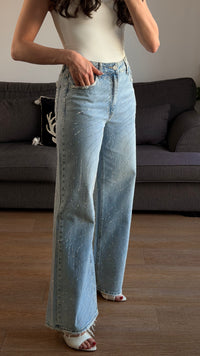 Jean wide leg bleu clair à strass