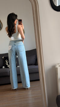 Jean wide leg bleu clair à strass