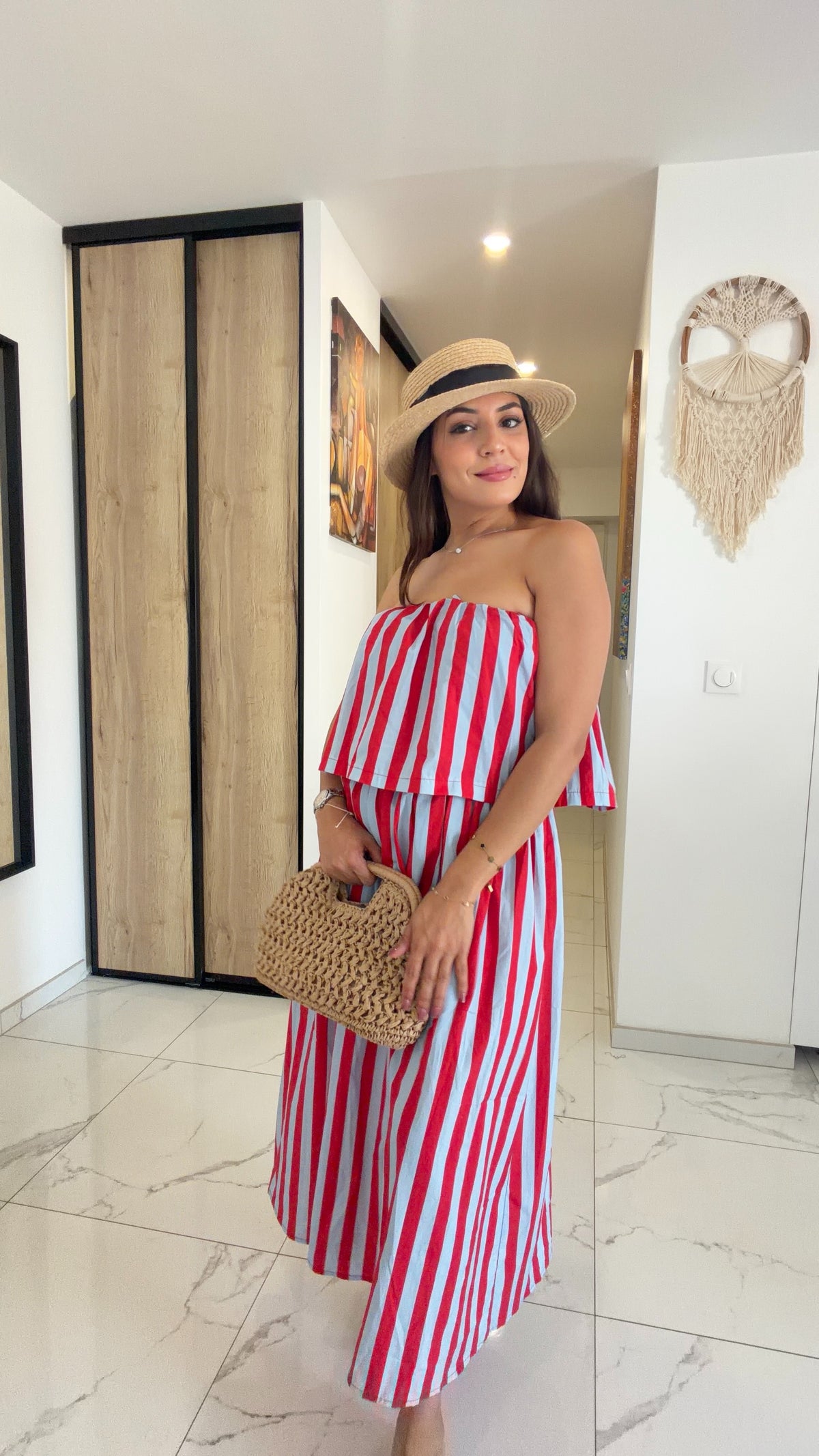 Robe longue rayée rouge & bleu ciel