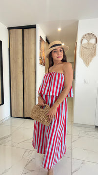 Robe longue rayée rouge & bleu ciel
