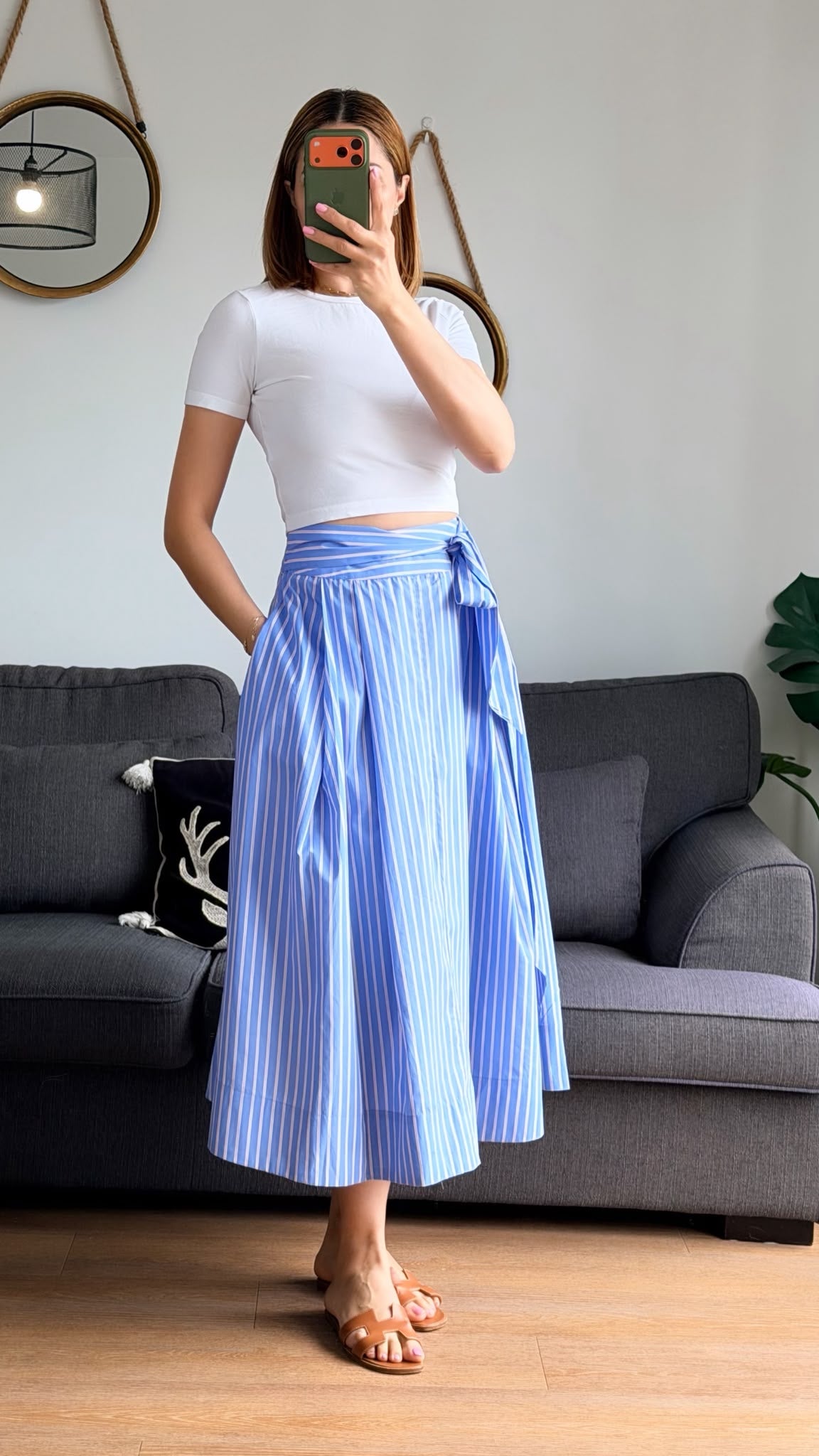Jupe portefeuille midi rayee bleu ciel