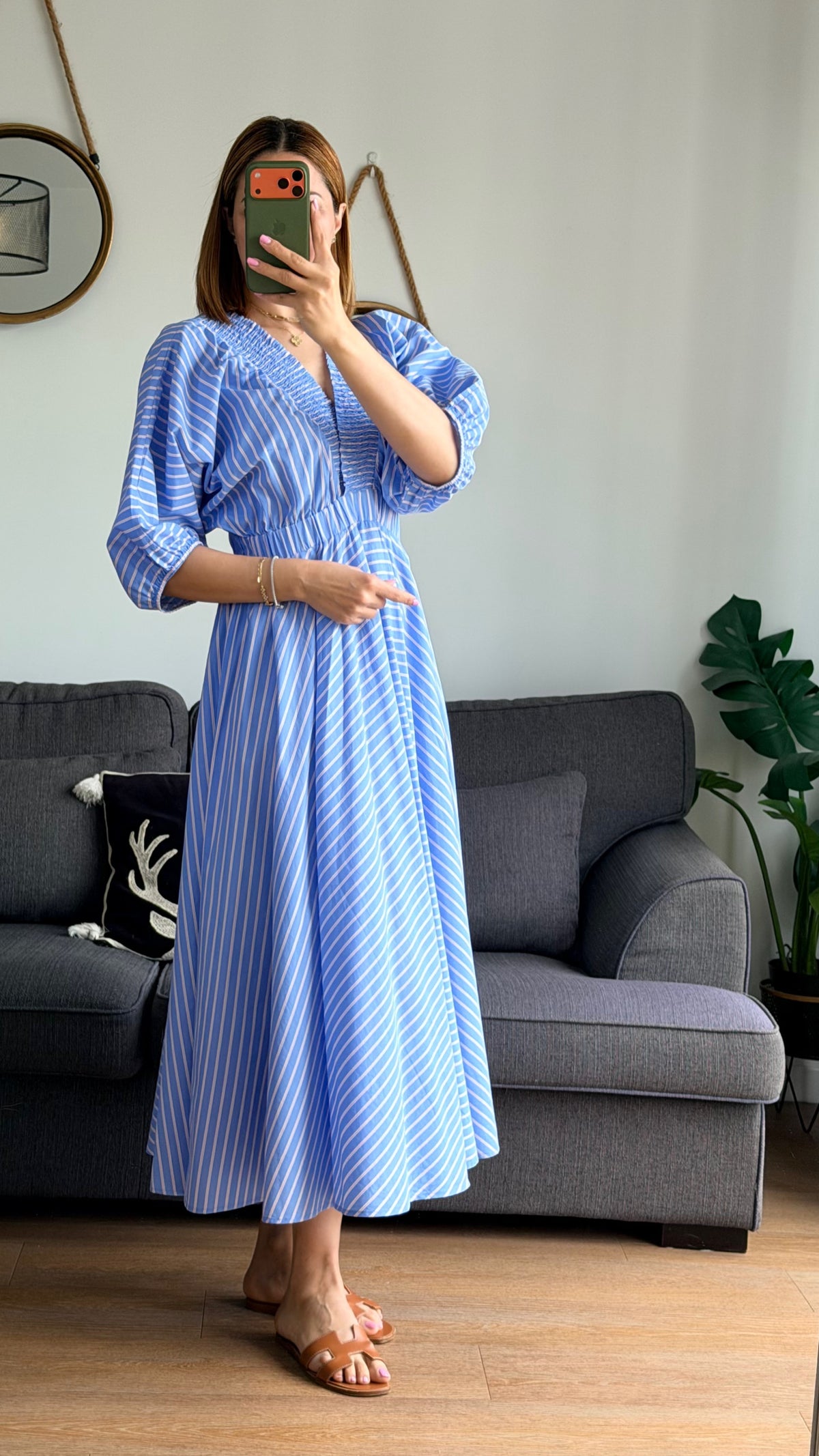 Robe Longue Bleue Rayures Blanches Smocks