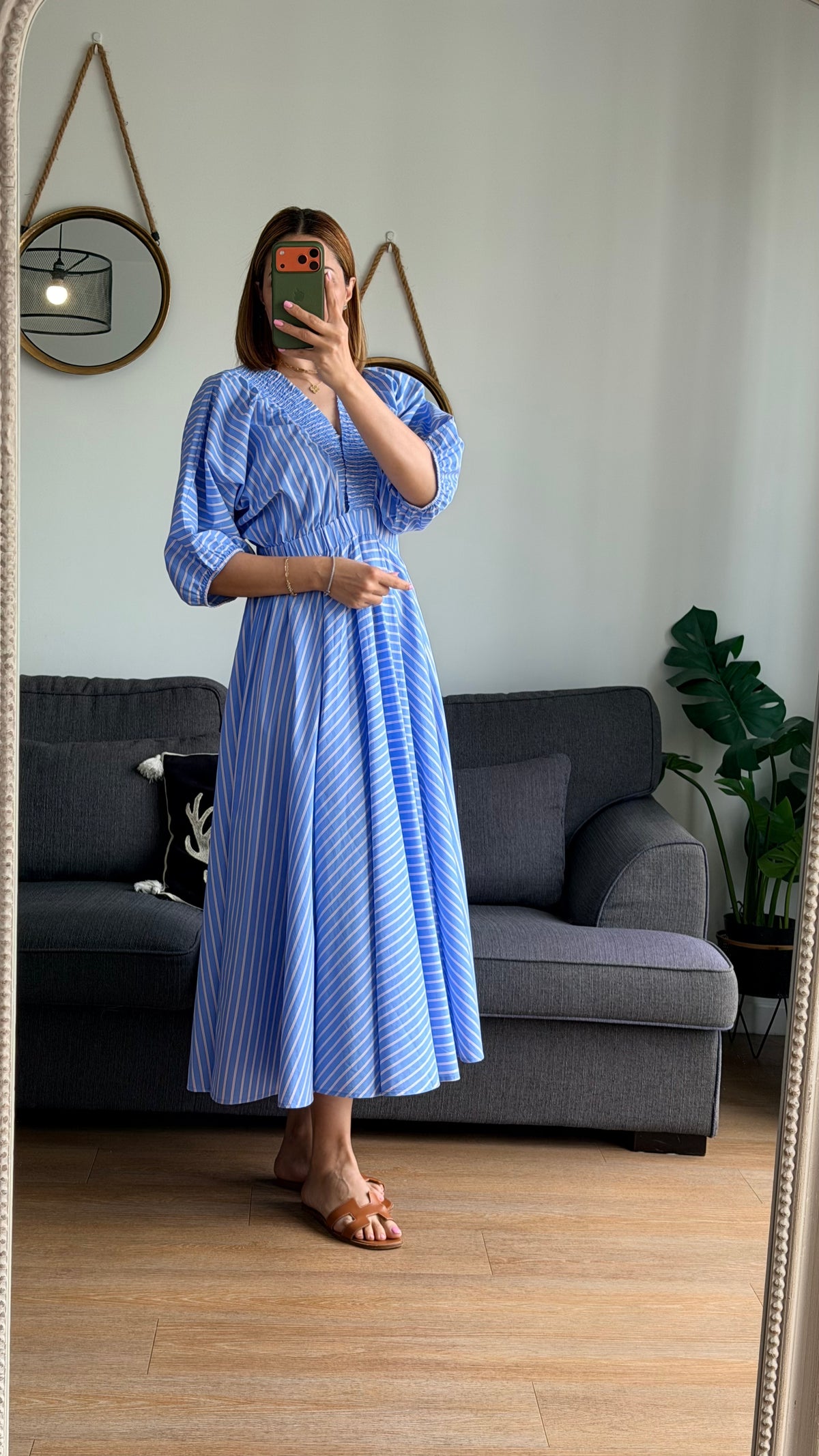 Robe Longue Bleue Rayures Blanches Smocks