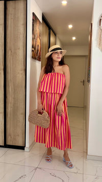 Robe longue bandeau rayée rose fuchsia et corail