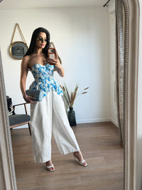 Corset Bustier Floral Bleu & Blanc Volants Peplum