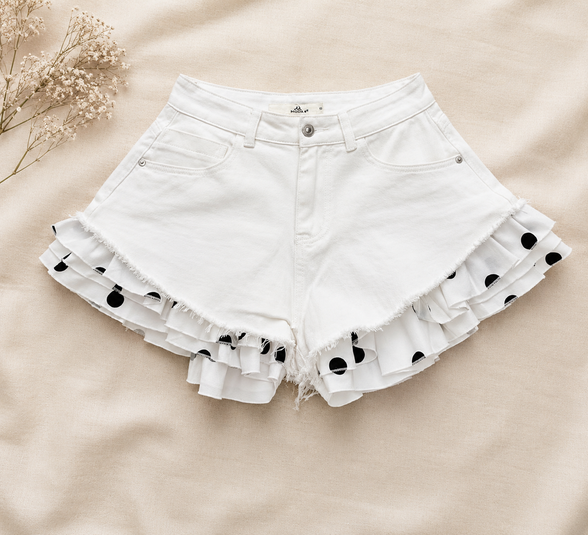 Short en denim à volants – Blanc
